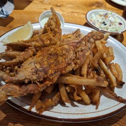 Soft shell crabs, fried with fries and Cole slaw.
