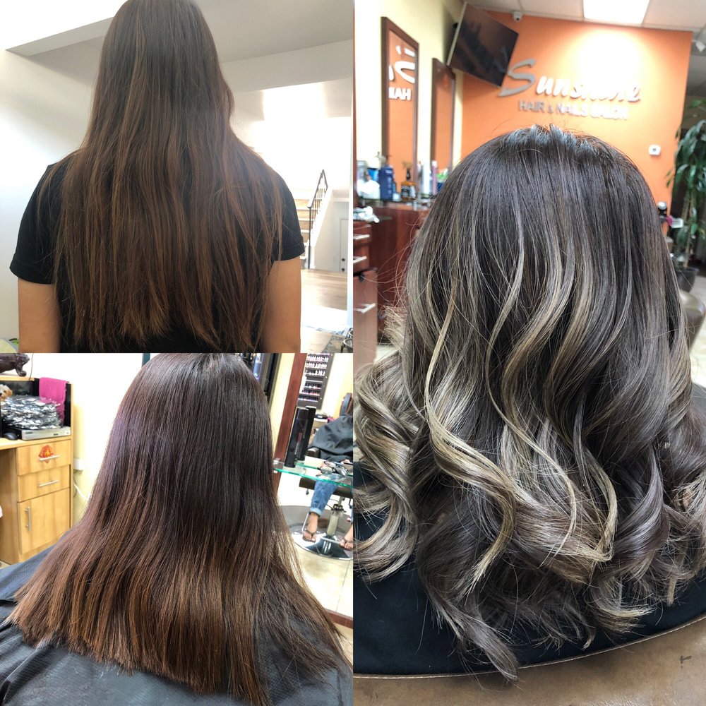 Sunshine Salon - Top left: Before haircut, Bottom left: Hair after a trim, right: Final product! - Hair Salons Near Me - Carson, California Sunshine Salon - Top left: Before haircut, Bottom left: Hair after a trim, right: Final product! - Hair Salons Near Me - Carson, California