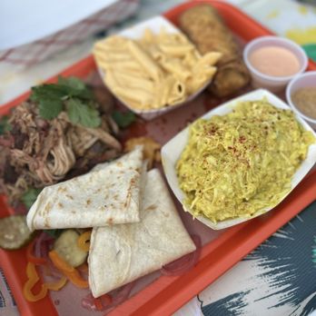 Gene's - Pulled pork plate with slaw and Mac and an egg roll - Barbeque Near Me - Atlanta, Georgia Gene's - Pulled pork plate with slaw and Mac and an egg roll - Barbeque Near Me - Atlanta, Georgia