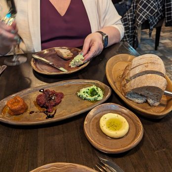 Esther's Kitchen - Choose three spreads and sourdough bread: left to right nduja, beet conserva, basil ricotta - Italian Near Me - Las Vegas, Nevada
