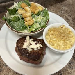 8oz top sirloin side Cesar salad and Mac and cheese