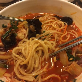 Garlic & Ginger - Jjam - bbong spicy noodle bowl. Very filling for only $12.30 and filled with seafood. - Korean Near Me - Gainesville, Florida