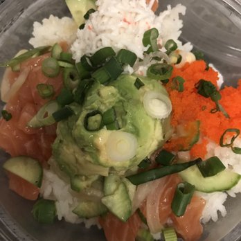 Pokeworks - Sushi rice, double salmon, sweet onion, cucumber, Pokeworks classic sauce, avocado, masago, surimi salad, and green onion. - Poke Near Me - Webster, Texas Pokeworks - Sushi rice, double salmon, sweet onion, cucumber, Pokeworks classic sauce, avocado, masago, surimi salad, and green onion. - Poke Near Me - Webster, Texas