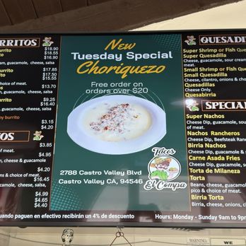 Tacos El Compa - Inside menu (left screen) - Mexican Near Me - Castro Valley, California