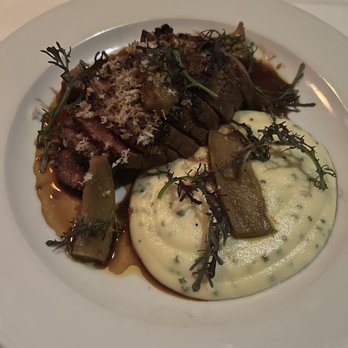 FIG - Cast Iron Strip Steak: shiitake mushroom conserva, potato purée, horseradish - New American Near Me - Charleston, South Carolina