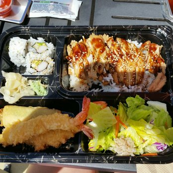 J BOX - Bento box containing salad, california rolls, tempura shrimp, an eggroll, and teriyaki chicken with rice. - Japanese Near Me - Carlsbad, California