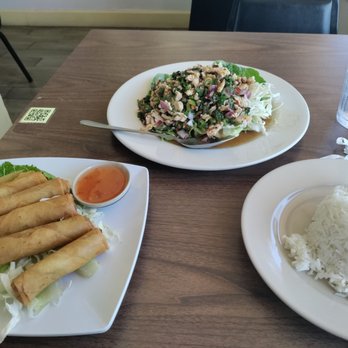Thai Cafe - Chicken Larb, spring rolls and rice. Excellent! - Thai Near Me - San Antonio, Texas