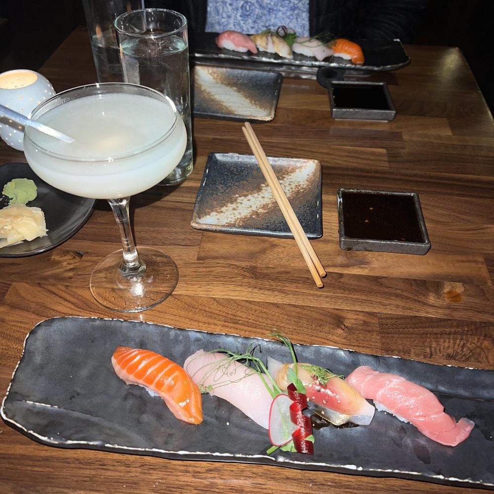MF Sushi - L to R: ocean trout, hamachi, kanpachi, and chutoro with lychee martini in the back - Sushi Bars Near Me - Houston, Texas MF Sushi - L to R: ocean trout, hamachi, kanpachi, and chutoro with lychee martini in the back - Sushi Bars Near Me - Houston, Texas