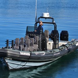 Fast Raft Ocean Safaris - The Fast Raft is a 33-foot Rigid Inflatable Boat (RIB) with twin 300-hp engines built for military patrol use.