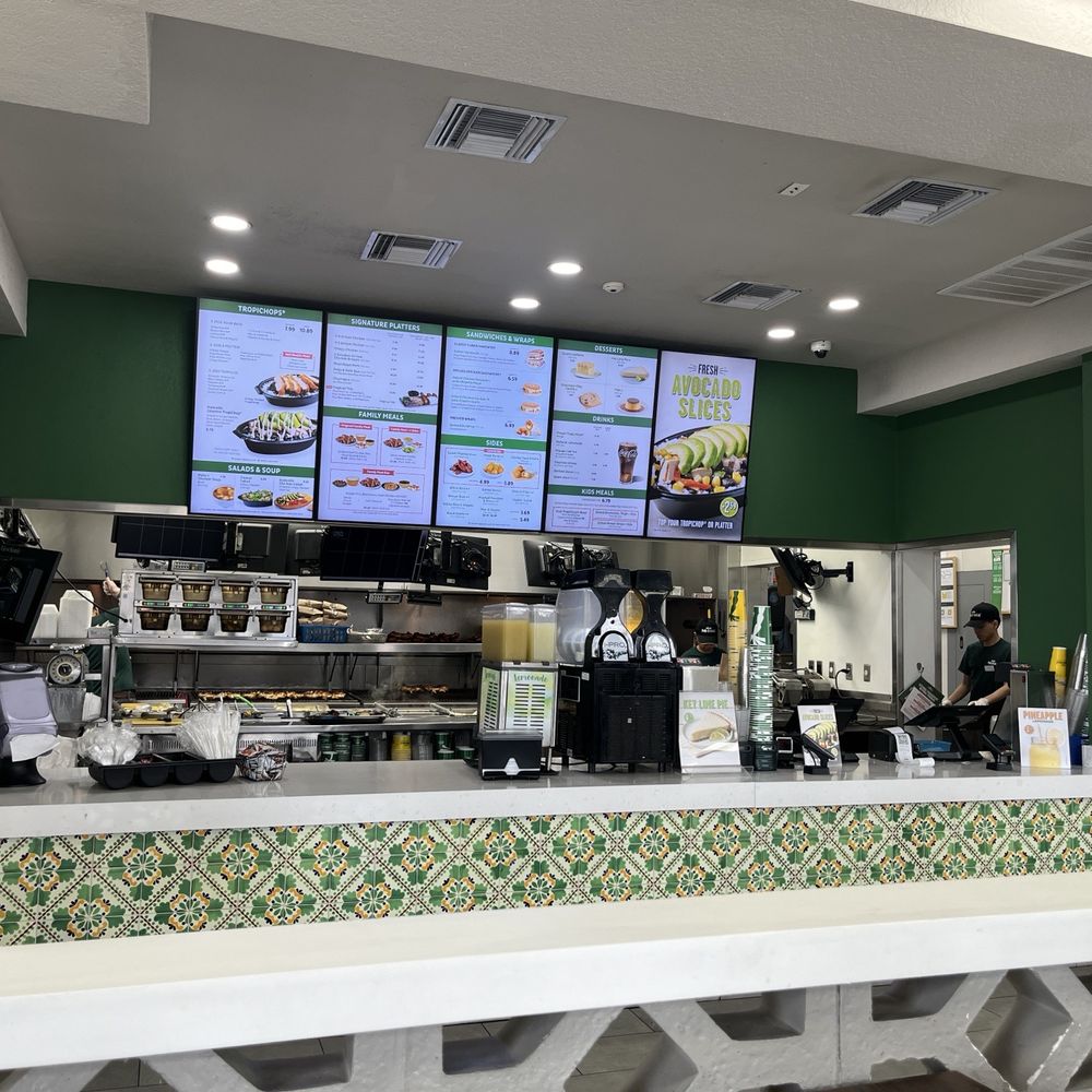 a view of a restaurant counter