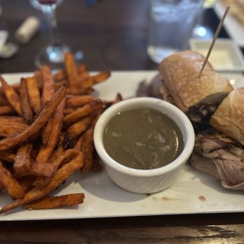The Gold Vine Bistro - French Dip with sweet potato fries (I dipped them in the lemon aioli from the fried zucchini not pictured) - New American Near Me - Somerset, California The Gold Vine Bistro - French Dip with sweet potato fries (I dipped them in the lemon aioli from the fried zucchini not pictured) - New American Near Me - Somerset, California