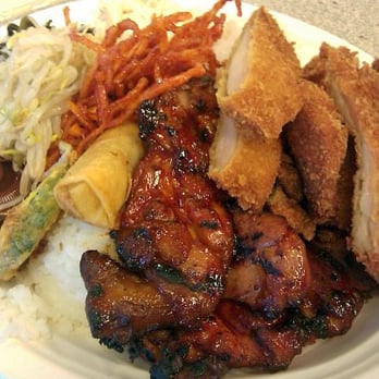 Gina's B-B-Q - Spicy BBQ chicken plate with katsu, rice, squash jun, mandoo and four sides for $8.50. Photo by Eric Alcantara - Korean Near Me - Honolulu, Hawaii Gina's B-B-Q - Spicy BBQ chicken plate with katsu, rice, squash jun, mandoo and four sides for $8.50. Photo by Eric Alcantara - Korean Near Me - Honolulu, Hawaii