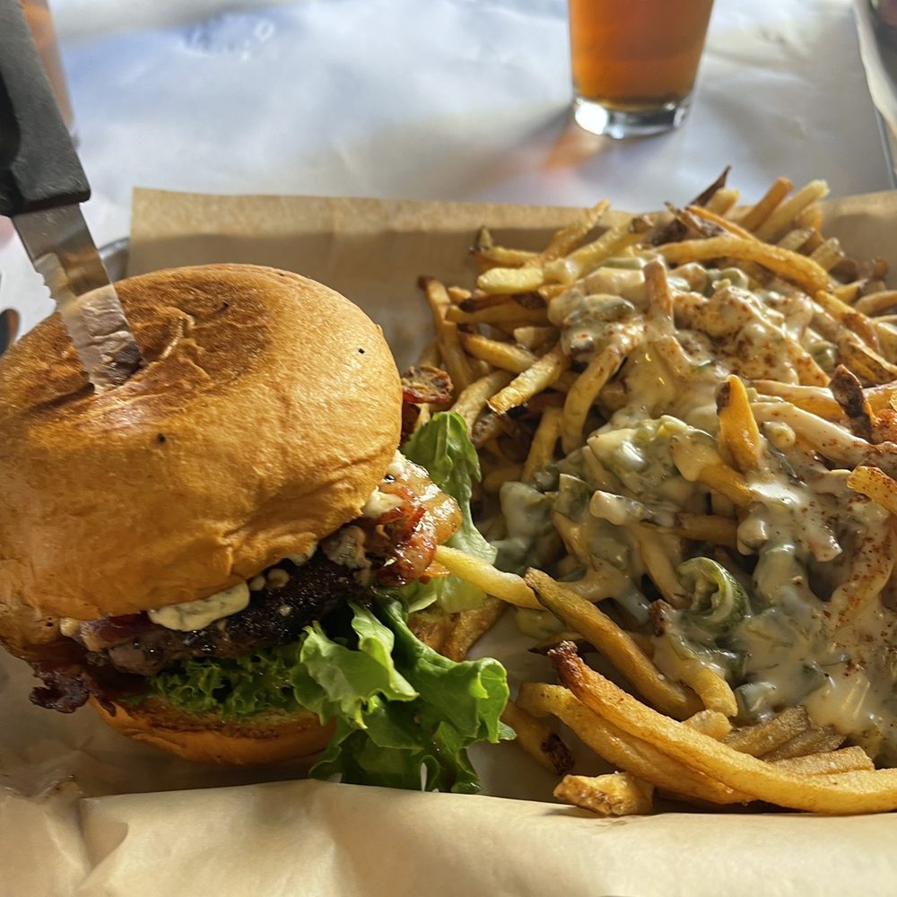 High Point Grill - Bacon and blue cheese burger with Chile cheese fries - Sandwiches Near Me - Albuquerque, New Mexico High Point Grill - Bacon and blue cheese burger with Chile cheese fries - Sandwiches Near Me - Albuquerque, New Mexico