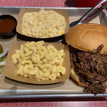 Cousins Pit Barbeque - Chopped brisket sandwich, Mac n cheese and Texas street corn - Barbeque Near Me - Crowley, Texas