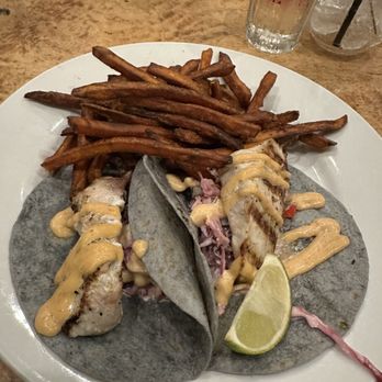 Island Lava Java - Fish tacos with burnt sweet potato fries. Missing 2 salsas. - American Near Me - Kailua Kona, Hawaii Island Lava Java - Fish tacos with burnt sweet potato fries. Missing 2 salsas. - American Near Me - Kailua Kona, Hawaii