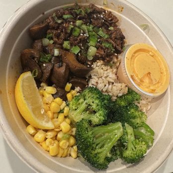 moonbowls - Steak bowl with roasted broccoli, sautéed mushrooms, corn salad and special spicy sauce - Korean Near Me - San Jose, California moonbowls - Steak bowl with roasted broccoli, sautéed mushrooms, corn salad and special spicy sauce - Korean Near Me - San Jose, California