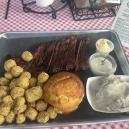 Pork ribs, sweet cornbread, fried okra and mashed potatoes