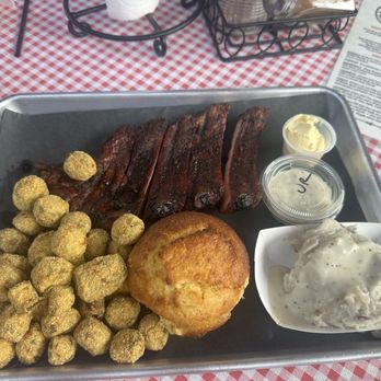 Double Barrel BBQ - Pork ribs, sweet cornbread, fried okra and mashed potatoes - Barbeque Near Me - Sedro-Woolley, Washington