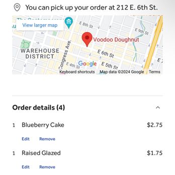 Voodoo Doughnut - Order confirmation for Voodoo Doughnut Austin at 212 E. 6th St., including a map showing the location. The order contains four items: Blueberry Cake, Raised Glazed, Iced Coffee, and Maple Old Fashioned, with prices listed. Pickup is scheduled for 15-20 minutes, and the order can be picked up at the specified address. - Donuts Near Me - Austin, Texas