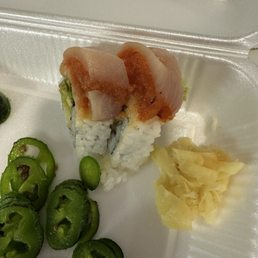 Not quite seared, seared yellow tail with spicy (sriracha yuk) tuna and a soup spoon full of jalapeños