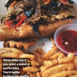 Vegan Philly Cheesesteak, waffle fries, and more profanity.