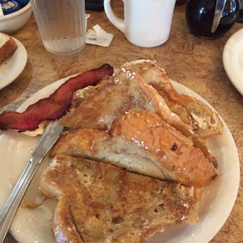 Crackers & Co Cafe - Very thick slice cinnamon swirl French toast and delicious thick cut bacon cooked crispy, but not burned. - American Near Me - Tempe, Arizona