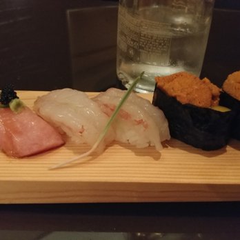 Umi - Otoro with truffle oil + sweet shrimp + uni with quail egg - Sushi Bars Near Me - Atlanta, Georgia Umi - Otoro with truffle oil + sweet shrimp + uni with quail egg - Sushi Bars Near Me - Atlanta, Georgia