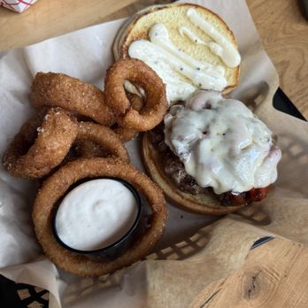 Applewood Smoke Burger - Negley burger with onion rings - Burgers Near Me - Pittsburgh, Pennsylvania