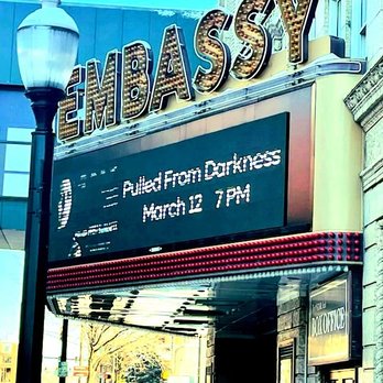 Embassy Theatre - Marquee hosts announcement of upcoming movie premiere - Performing Arts Near Me - Fort Wayne, Indiana