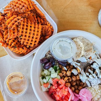 Spitz - Plano - Medi Bowl ($14.5) + Sweet Potato Waffle Fries ($5.5) - Mediterranean Near Me - Plano, Texas