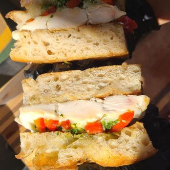 Little's Loaves - Chicken pesto sandwich on Littles loaves ficcoia bread. - Bakeries Near Me Little's Loaves - Chicken pesto sandwich on Littles loaves ficcoia bread. - Bakeries Near Me
