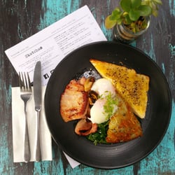 Sketches Cafe Bar - Sunday Breakfast Special: 65 degree eggs, potato rosti, bacon, spinach, mushrooms, dukkha and ciabatta.