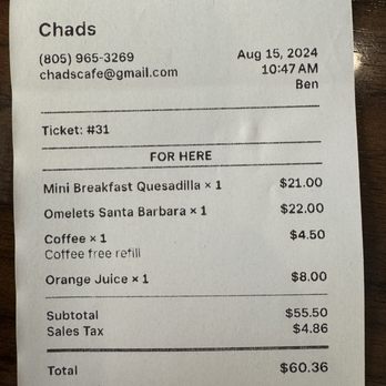 Chad's - Receipt - Breakfast & Brunch Near Me - Santa Barbara, California