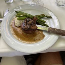 Pan cooked filet mignon, mashed potatoes and asparagus.