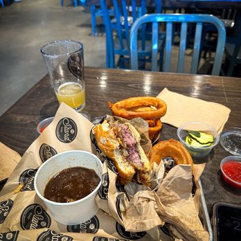 The Stand - American Classics Redefined - French Onion Soup burger, onion rings, & Food Fight Hazy IPA.  Excellent meal! - Burgers Near Me - Long Beach, California