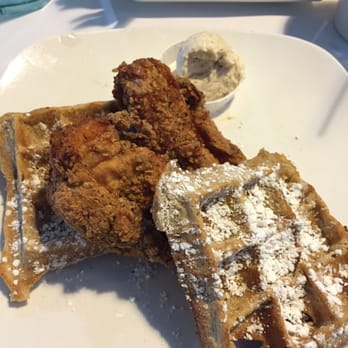 Dame's Chicken & Waffles - A quilted buttercup.. Sweet potato waffle with chicken cutlet and maple pecan smear. So delicious! - Southern Near Me - Durham, North Carolina