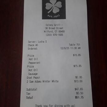 Colony Grill - December, 2025 - Pizza Near Me - Milford, Connecticut
