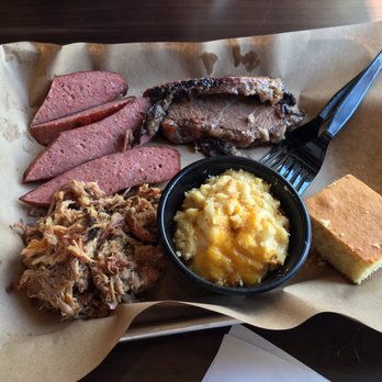Mission BBQ - 3 meat sampler- classic sausage, brisket and pulled pork - Southern Near Me - Charlottesville, Virginia Mission BBQ - 3 meat sampler- classic sausage, brisket and pulled pork - Southern Near Me - Charlottesville, Virginia