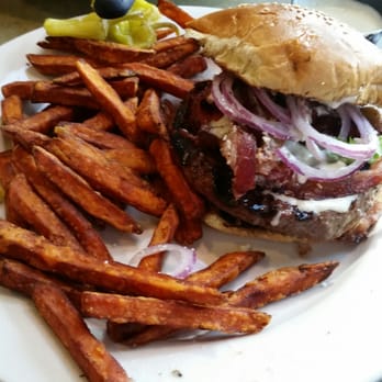 Peter Pan Diner - Wonderful Bleu Cheese Burger with Sweet Potato Fries - American Near Me - Bay Shore, New York Peter Pan Diner - Wonderful Bleu Cheese Burger with Sweet Potato Fries - American Near Me - Bay Shore, New York