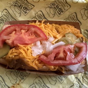 The Hat - Chili cheese dog with tomato, pickle, and onion. Solid. - Sandwiches Near Me - Monterey Park, California