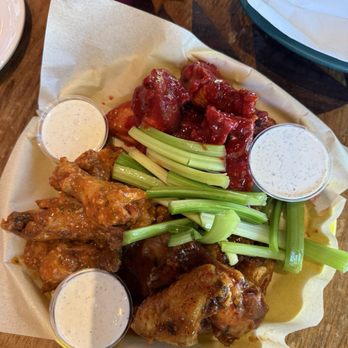 Fire On the Mountain - Raspberry habanero (top), Lime cilantro (left) sauce of the month Sweet Thai Chili (right) - Chicken Wings Near Me - Portland, Oregon Fire On the Mountain - Raspberry habanero (top), Lime cilantro (left) sauce of the month Sweet Thai Chili (right) - Chicken Wings Near Me - Portland, Oregon