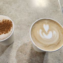 Compass Coffee Roasting - Spiced chai is spiced! (Left) and vanilla latte with a dash of salt (right)