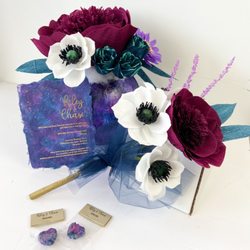 Papercraft Miracles - Handmade paper invitation suite with matching bridesmaid bouquet, table arrangement and seed bomb favors.