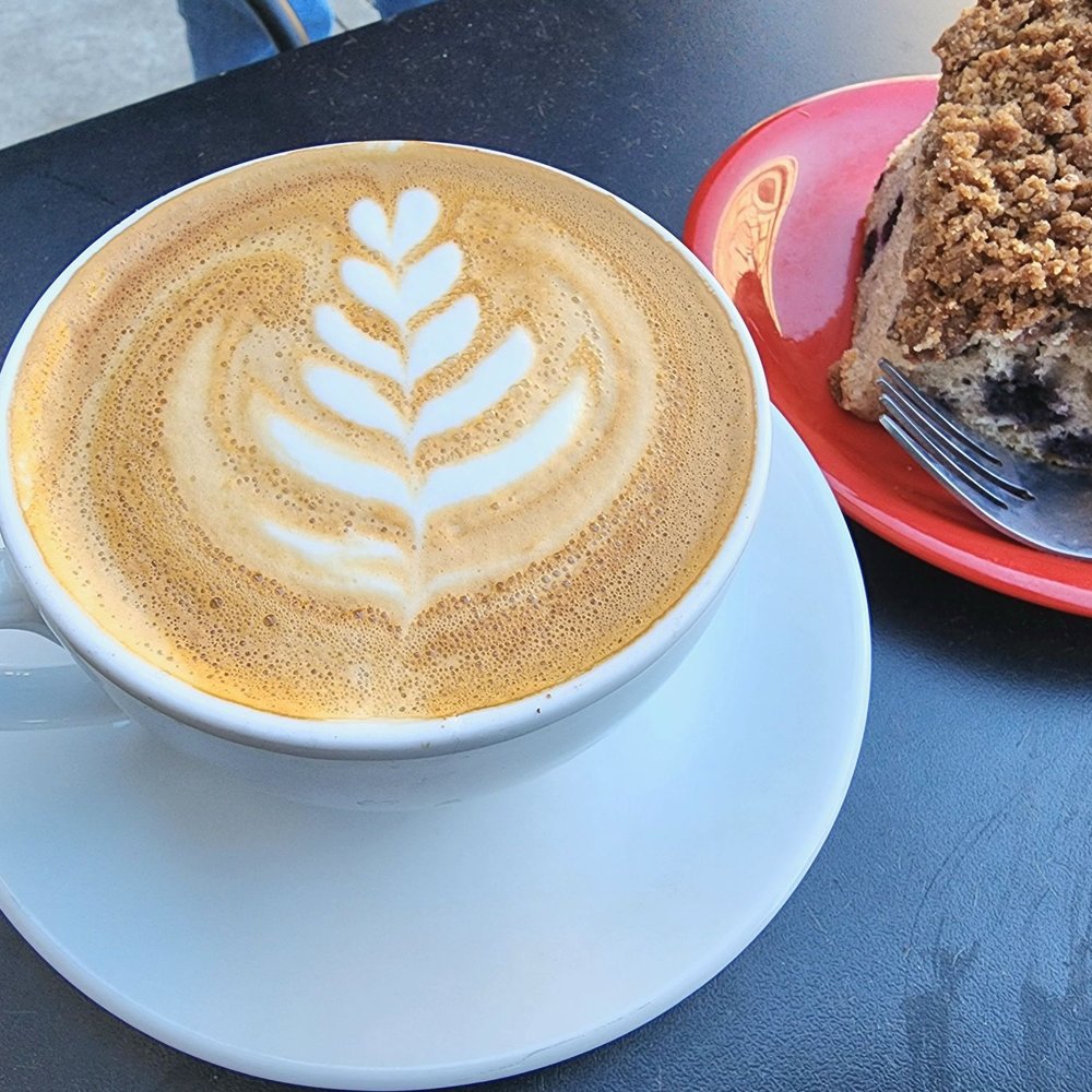 Red Rock Coffee - Latte and blueberry coffee cake - Coffee & Tea Near Me - Mountain View, California Red Rock Coffee - Latte and blueberry coffee cake - Coffee & Tea Near Me - Mountain View, California