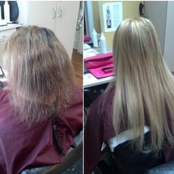 Jeannie's Hair Company - Before and after photo of a client that we did a Rezz-a-rect hair repair treatment on, then colored, then added extensions.