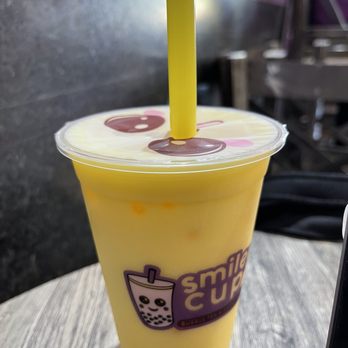 Smiley Cup - Mango smoothie with Popping lychee - Bubble Tea Near Me - Richardson, Texas