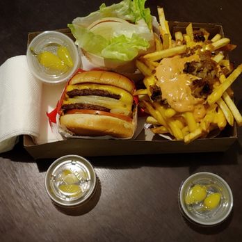 In-N-Out Burger - Protein style cheeseburger, double double cheeseburger, animal style well done frys with sides of chili peppers - Burgers Near Me - Mesa, Arizona
