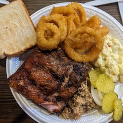 Demo's Barbecue and Smokehouse - Pork and ribs with onion rings and potato salad