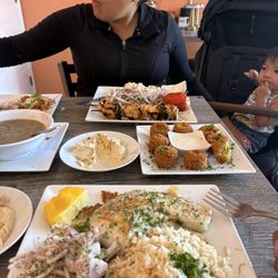 Time Out Cuisine - Fish plate and chicken kabob plate with falafel