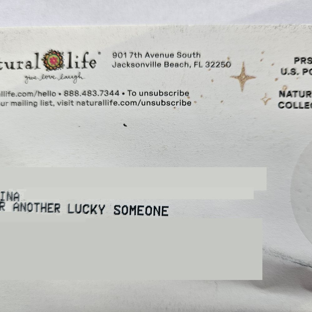 Mailing label printed on the catalog "OR ANOTHER LUCKY SOMEONE"